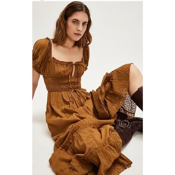 NWT FREE PEOPLE Falling Sun Midi Dress $198 SMALL Tobacco LACE Trim Smocked - Picture 3 of 4